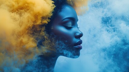 A profile of a woman surrounded by colorful smoke, showcasing a vibrant and artistic representation of beauty and creativity.