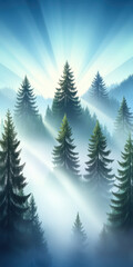 Obraz premium Serene sunbeams through misty evergreen forest landscape