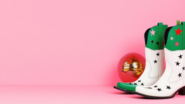 Colorful cowboy boots and disco ball against pink backdrop