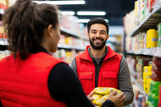 Grocery team collaboration in a vibrant supermarket aisle interaction