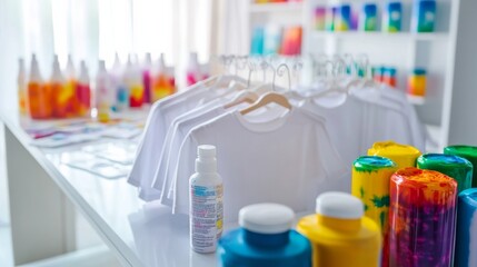 A pristine tie-dye station with white shirts and colorful dyes neatly arranged, A bright room with clean surfaces and natural light, Minimalist artistic style