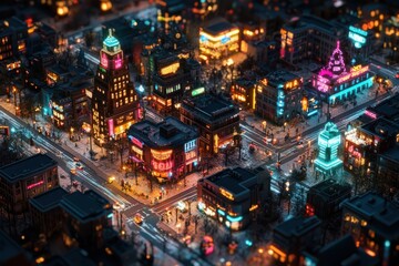 Fototapeta premium Aerial view of a city at night with neon lights.