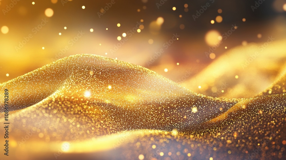 Poster a captivating golden wave undulates softly, embellished with sparkling particles, creating an enchan