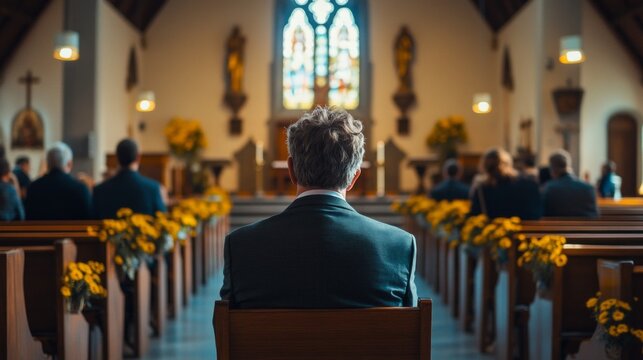 A man sits in a church pew with a yellow flower arrangement in front of him
