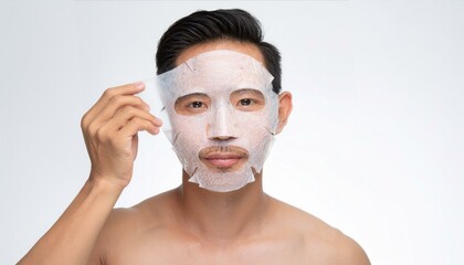 Man Applying a Facial Mask: A close-up shot of a young man applying a facial mask, showcasing a confident and relaxed expression. The image conveys self-care, rejuvenation.