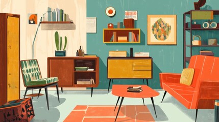 Fototapeta premium Mid-century modern living room with furniture.