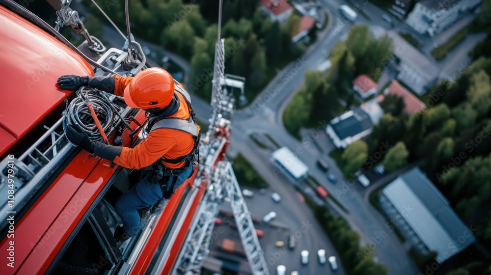Poster technicians installing network equipment on cell tower
