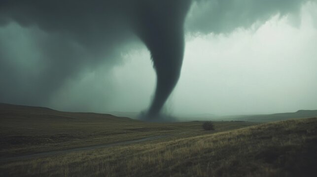 A tornado intensifies as it sweeps through a rural area, causing destruction and altering the peaceful landscape during a severe weather event