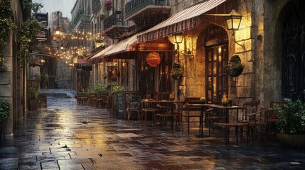 Fototapeta premium Rainy night in a European city street.
