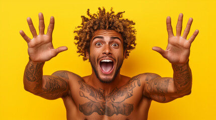 Spirited Latino man with curly hair and tattoos joyfully showcasing a playful vibe, embracing a carefree and cheerful attitude on a bright yellow setting