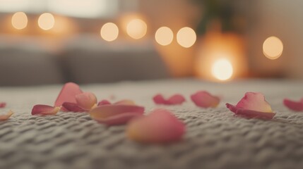 A cozy bedroom adorned with rose petals on the bed, softly lit by warm lights, setting a romantic mood for an intimate evening