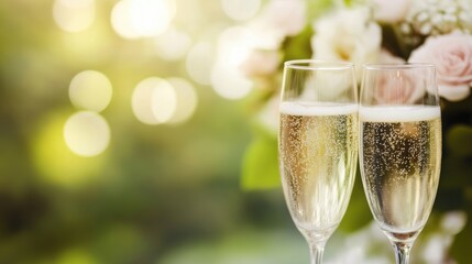 Two sparkling champagne glasses are entwined beside a lovely bouquet of roses in a serene outdoor location at sunset