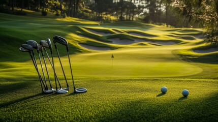 A refreshing golfing session on a lush green course, Golf clubs and tees arranged for tee-off, Classic sports style