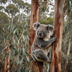 Fototapeta premium A koala bear clinging to a eucalyptus tree with the Australian outback behind it.