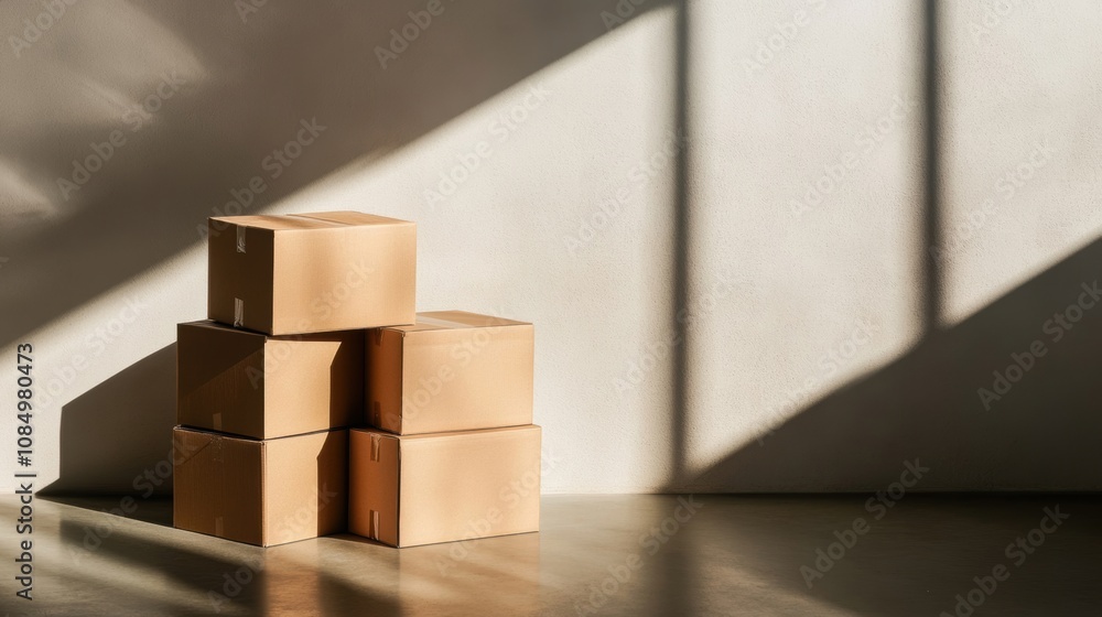 Poster cardboard boxes are stacked in a spacious, empty room, with gentle sunlight creating soft shadows on