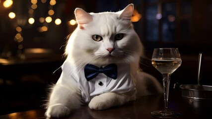 A classy cat in a tuxedo enjoys a drink at a stylish bar during an elegant evening gathering