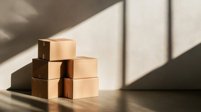 Cardboard boxes are stacked in a spacious, empty room, with gentle sunlight creating soft shadows on the floor