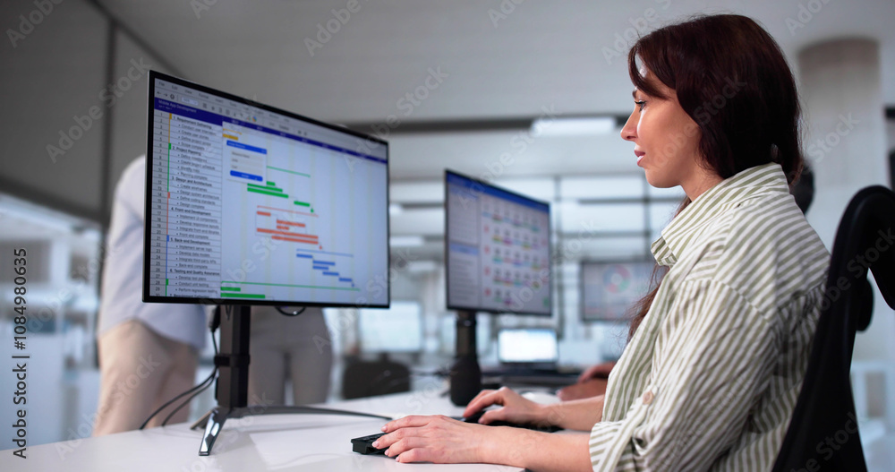 Aufkleber businesspeople analyzing gantt chart and calendar on computer