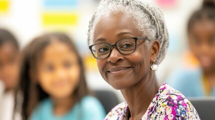A teacher smiles while interacting with students, fostering an engaging learning environment in a vibrant classroom