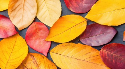 Obraz premium An array of colorful autumn leaves in shades of yellow, red, and brown arranged beautifully against a contrasting dark background