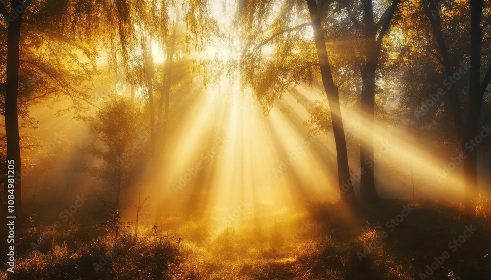 Poster golden sunlight rays pierce through the misty forest, illuminating the trees and ground.