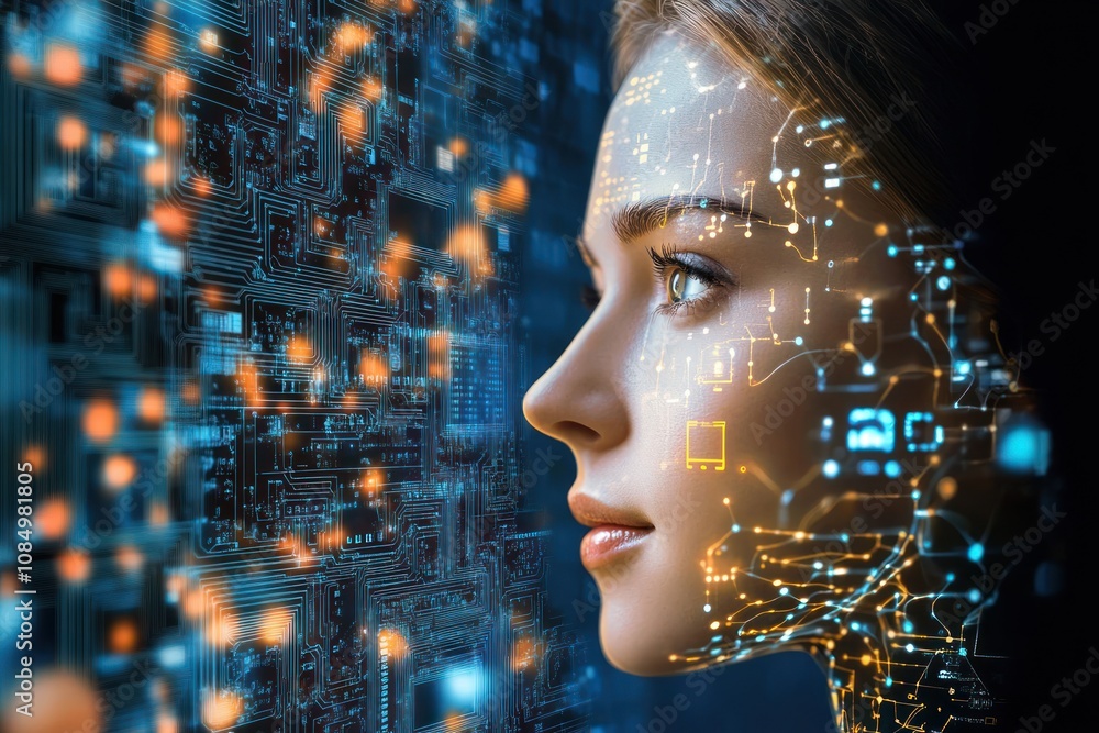 Poster a woman's face is superimposed with a digital circuit board, representing the merging of technology 