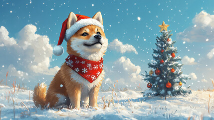 Festive Shiba Inu in Red Scarf Posing by Snow-Covered Christmas Tree