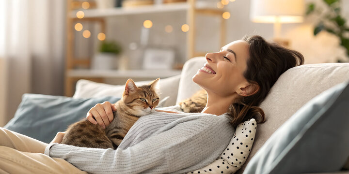 happy woman relaxing with her beloved cat on the sofa