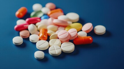 A collection of various pills in different colors and shapes lies on a dark blue background, representing medication diversity