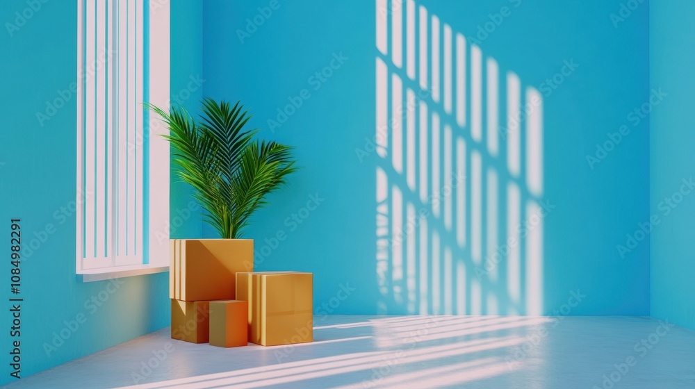 Poster the room is filled with various moving boxes, illuminated by sunlight pouring in through the window,