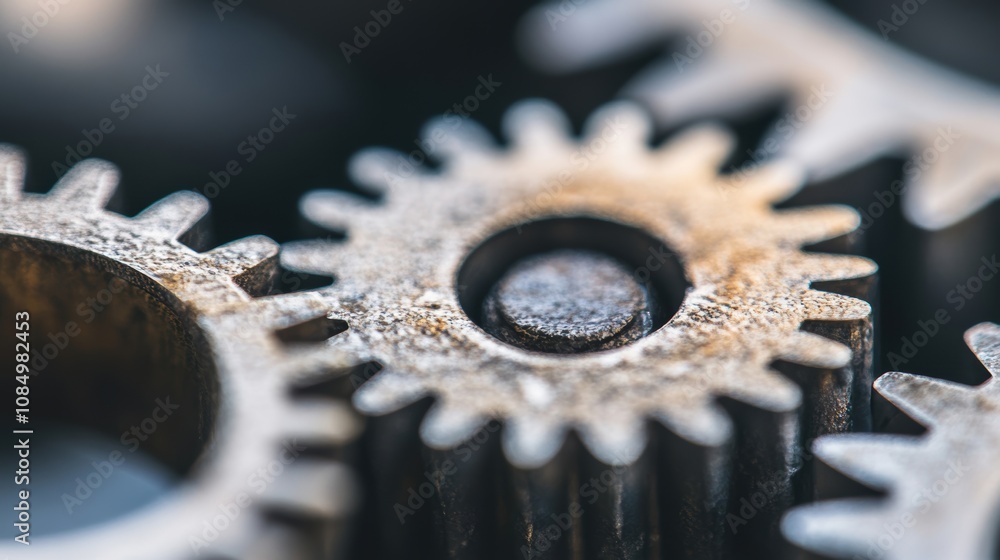 Poster intricate interlocking metal gears display their textures and craftsmanship against a contrasting ba