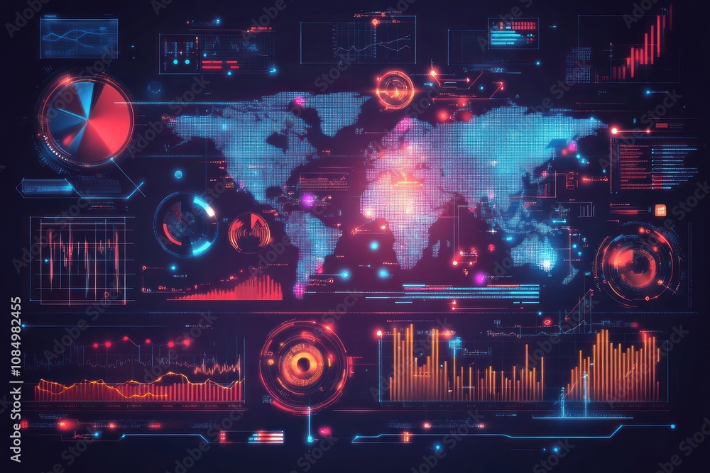 Poster Futuristic digital interface with world map and data visualizations.
