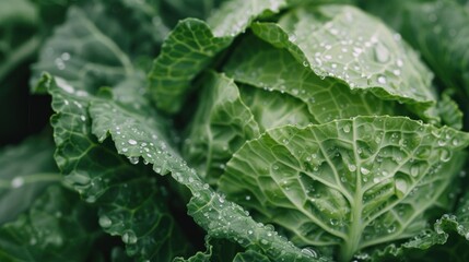 This close-up showcases fresh green cabbage, glistening with water droplets, emphasizing its vibrant leaves and healthy growth in a garden