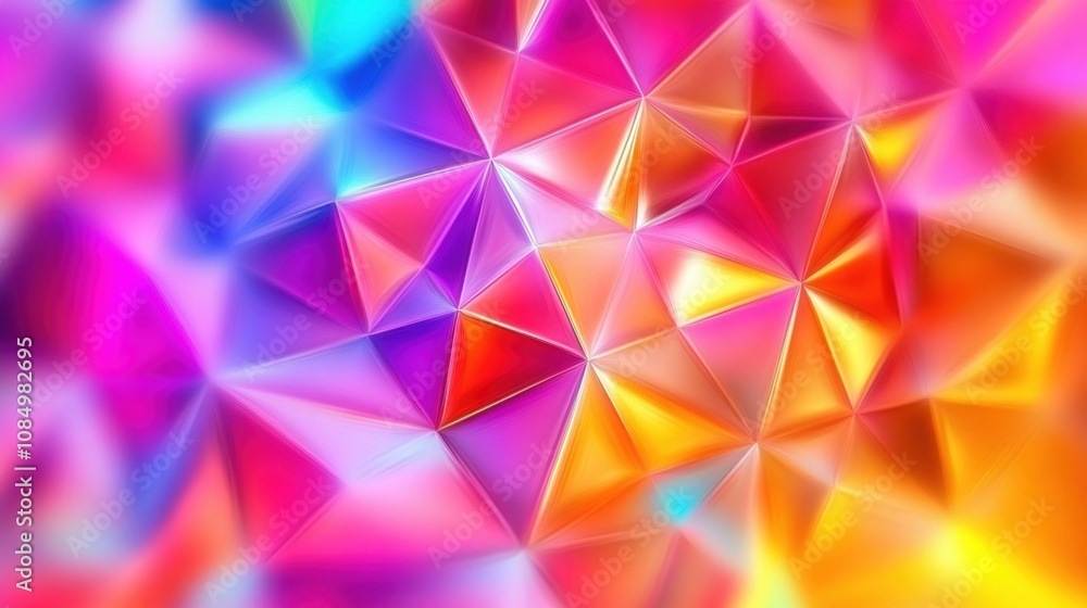 Poster vivid abstract background with overlapping geometric prisms and triangles, creating a vibrant, color