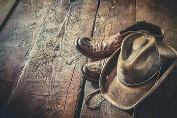 Wild West retro cowboy hat and old leather shoes. Generative Ai