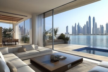 Modern living room with large windows offering a breathtaking view of a city skyline and a private pool.