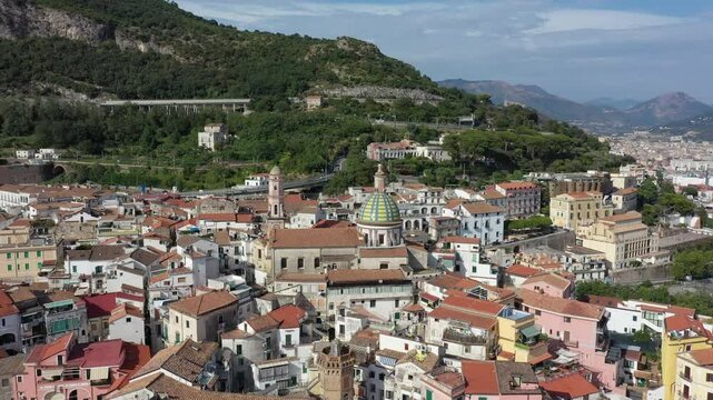 Aerial view of the sea, promenade and central part of the town of Vietri sul Mare on a sunny summer day, Raite, Salerno, Italy