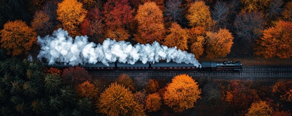Fototapeta premium A scenic aerial view of a steam train traveling through vibrant autumn foliage, with colorful trees and billowing smoke creating a picturesque landscape.