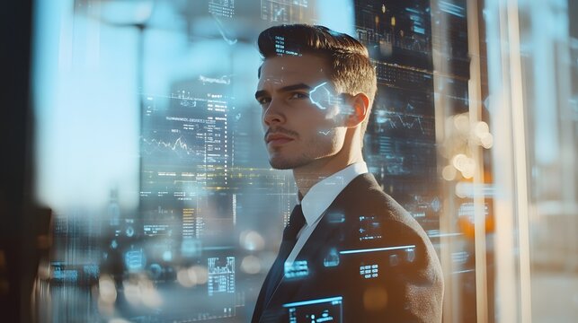 30. A confident entrepreneur with a double exposure of financial data and futuristic office space - Powered by Adobe