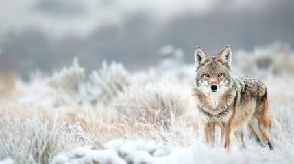 Fototapeta premium A solitary coyote explores a quiet, snow-blanketed landscape, showcasing the beauty of winter's chill and tranquility