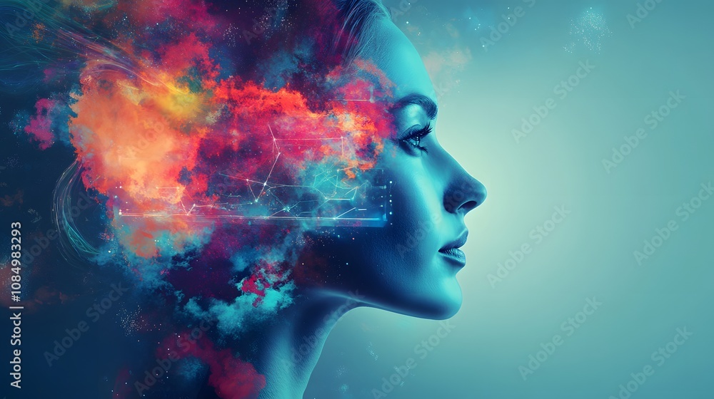 Poster 31. a professional is face with a backdrop of abstract technology, cloud computing, and innovation s