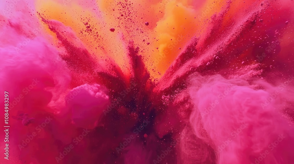 Poster a dazzling explosion of colored powder forms intricate patterns on a clean white surface, capturing 