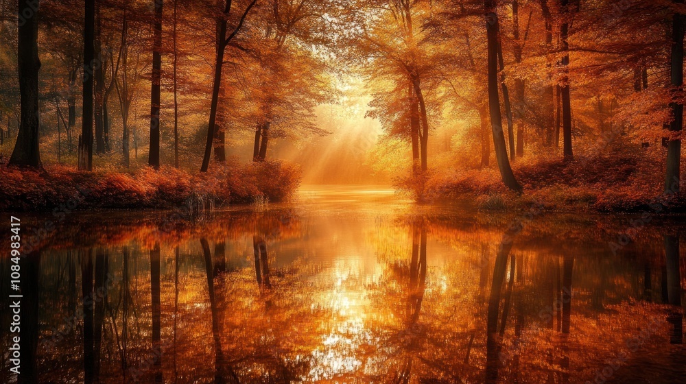 Poster golden sunlight streams through the trees in an autumnal forest, creating a magical reflection in th