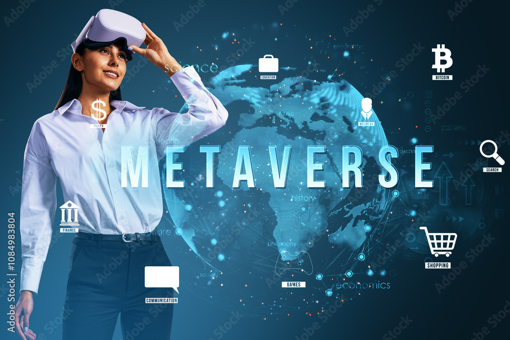 Poster Woman with VR headset exploring metaverse concept in a digital world with technology and online network icons displayed around.