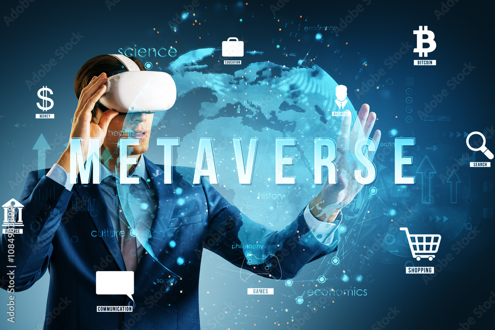 Poster businessman in vr headset interacting with metaverse icons and holographic world map. concept of vir