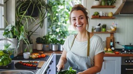 A cheerful woman prepares fresh vegetables in a bright kitchen filled with greenery. Ideal image for healthy lifestyle and cooking blogs. Generative AI.