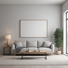 Fototapeta premium Cozy Modern Living Room Interior with Elegant Furniture and Blank Canvas on Bold white Wall – 3D Rendering 
