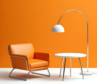 An orange armchair with a white round table and floor lamp on the white floor and orange wall in studio setting for advertisement