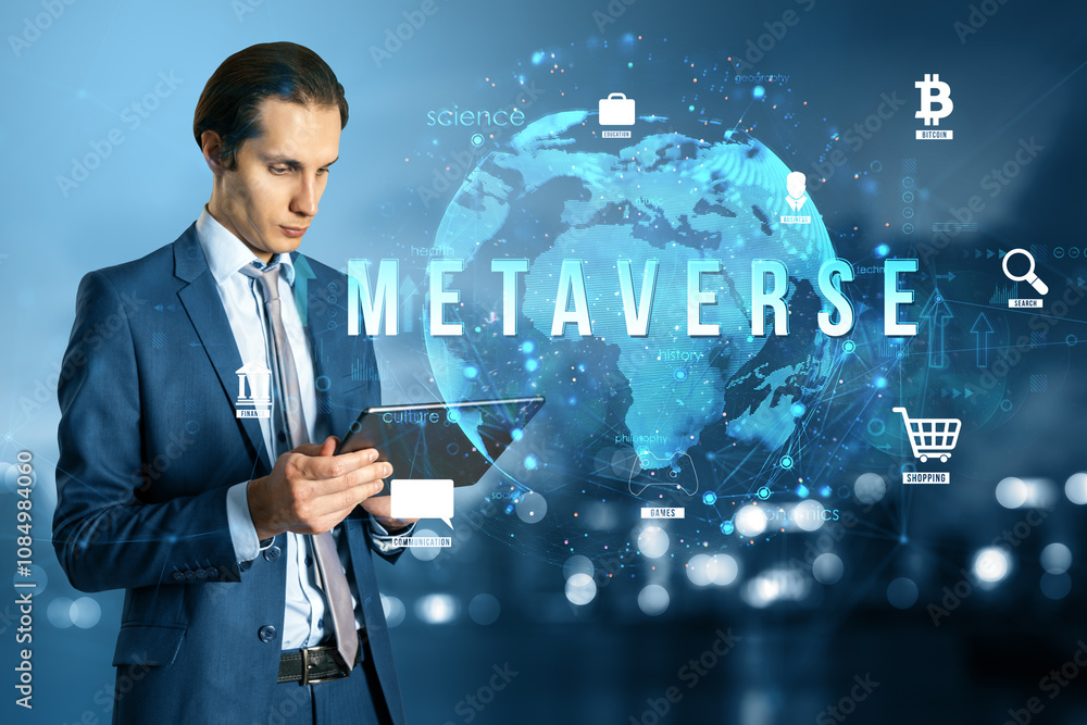 Poster businessman interacting with tablet, metaverse digital icons and globe in background for virtual wor
