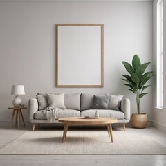 Cozy Modern Living Room Interior with Elegant Furniture and Blank Canvas on Bold white Wall &ndash; 3D Rendering
